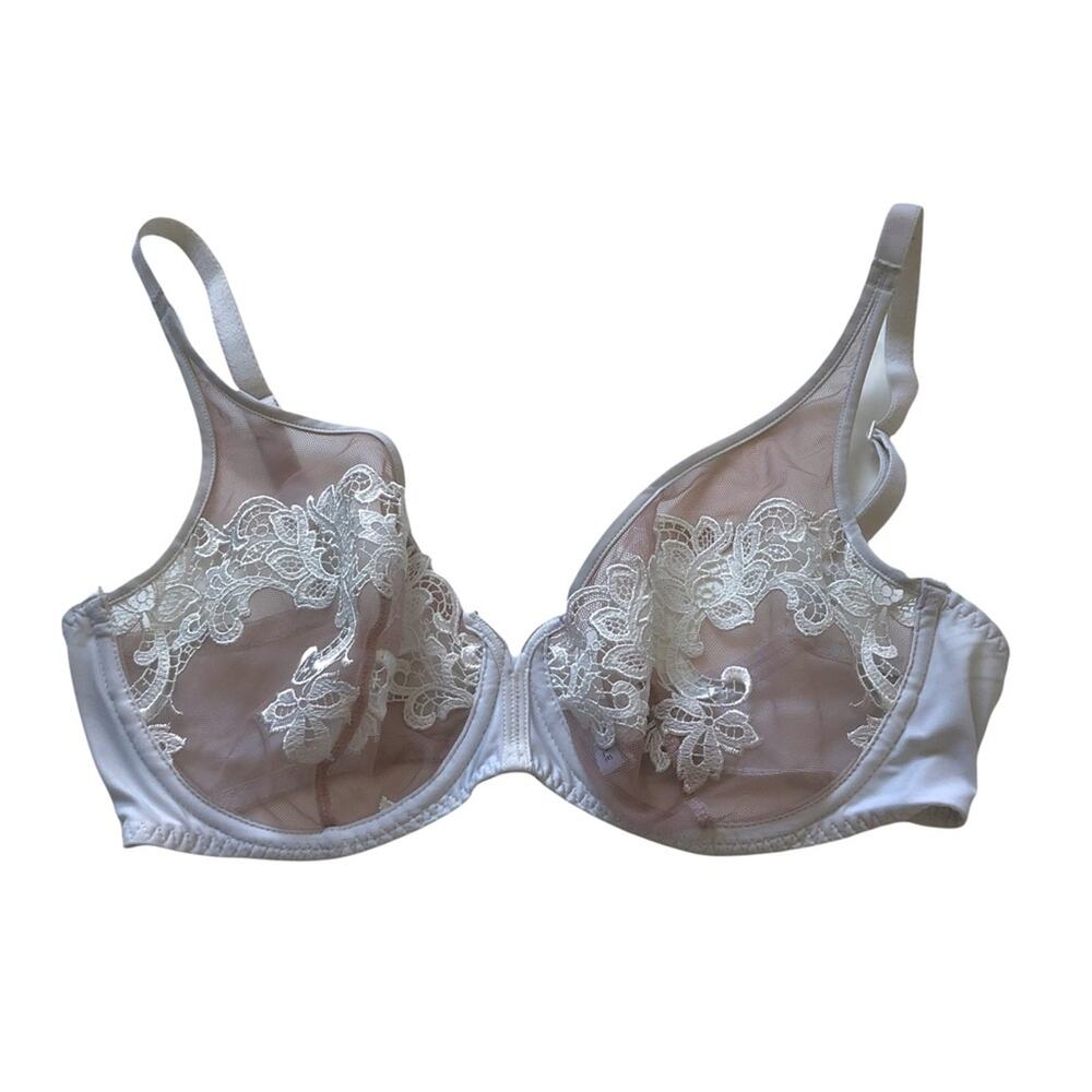 Simone Perele Saga Plunge Bra 32D Unlined Lace White Nude Sheer EUC